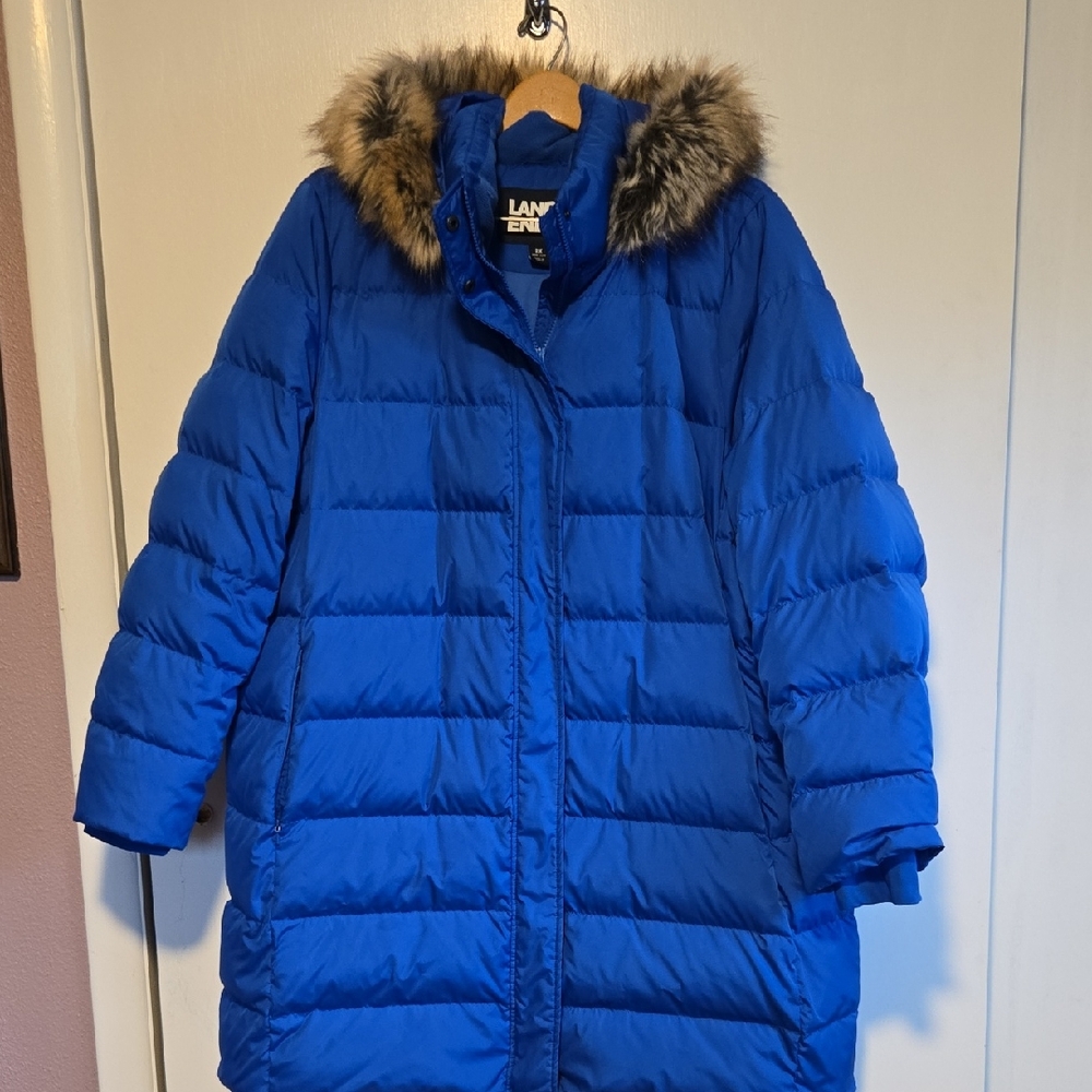 Lands' End Blue Down Coat with Faux Fur Trim